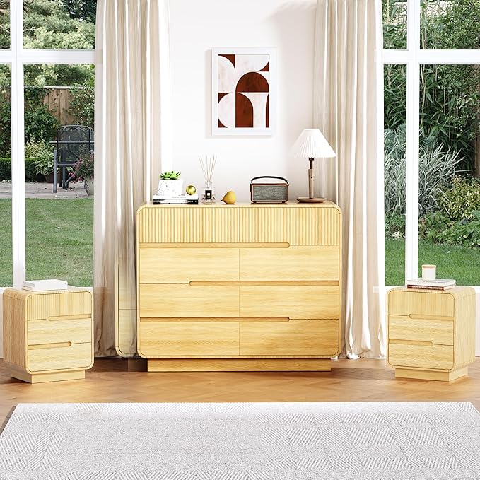 8 Drawer Dresser and 2 Nightstand Sets for Bedroom 3 Pcs Bedroom Set, Modern 39.4" Fluted Dresser with Invisible Handles Nightstand Charging Station, Bedroom Furniture Set for Living Room, Natural