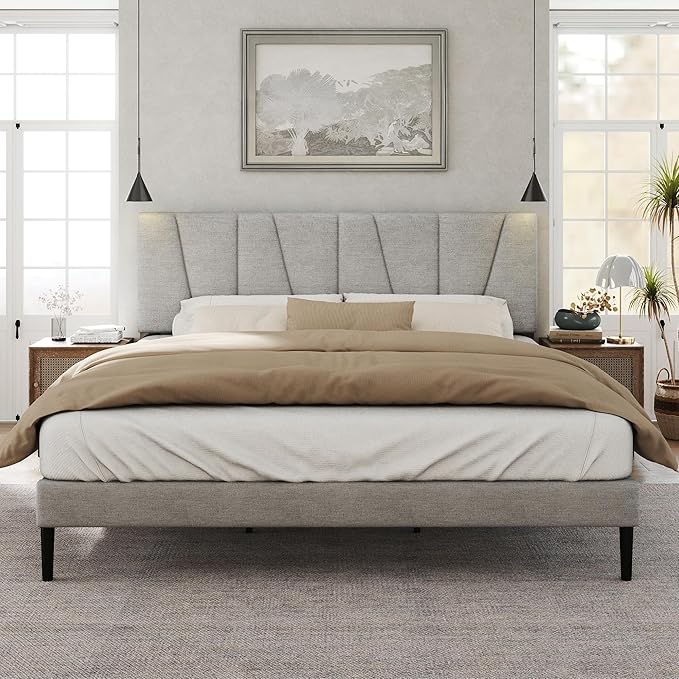 Full Size Bed Frame with Fabric Upholstered Headboard, Platform Bed with Wooden Slats Support, Fully Mattress Foundation, Box Spring Optional, Easy Assembly