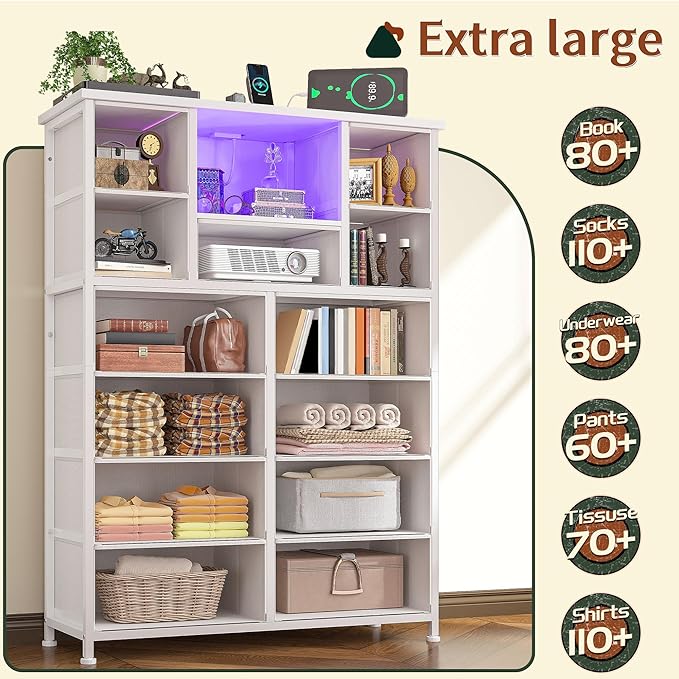 Dresser for Bedroom with 13 Fabric Drawers, White Dresser with LED and 4 Charging Ports and Open Shelves, 47''H Chest of Drawers for Entryway, Hallway