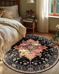 Area Rugs 4ft Washable Non-Slip, Floral Vintage Distress Print Pattern Medallion Carpet for Living Room Bedroom Dining Room, Black Colorful Floral Dark Tan