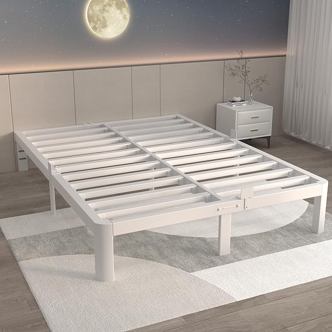 ITIMIDI 10 Inch White Bed Frame Queen, Queen Size Metal Platform Bed Frames with Metal Gaskets, Heavy Duty Steel Support 3000 LBS, No Box Spring Needed, Anti-Slip Mattress Stopper, Easy Assembly