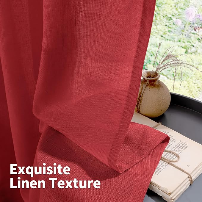 YoungsTex Red Linen Semi Sheer Curtains 72 Inch Length for Living Room, Light Filtering Window Drapes with Grommet Privacy Christmas Decor for Dining Bedroom, 2 Panels, 52 X 72 Inch