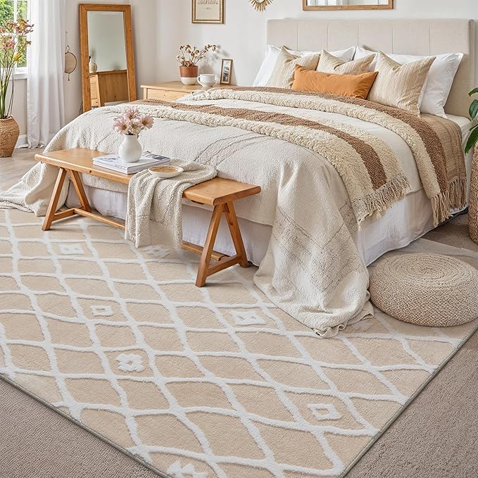 Ivory 6x9 Area Rug Moroccan Shag Living Room Washable Carpet Soft Non Shedding Neutral Boho Plush Pile Modern Large Throw Rug for Office Bedroom Dining Room Playroom