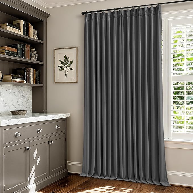 Dark Gray Linen Blackout Pleated Curtains 90 Inches Long for Living Room Darkening Pinch Pleat 100% Black Out Drapes Thermal Insulated Soundproof Charcoal Grey 90 Inch Curtain for Dining Bedroom