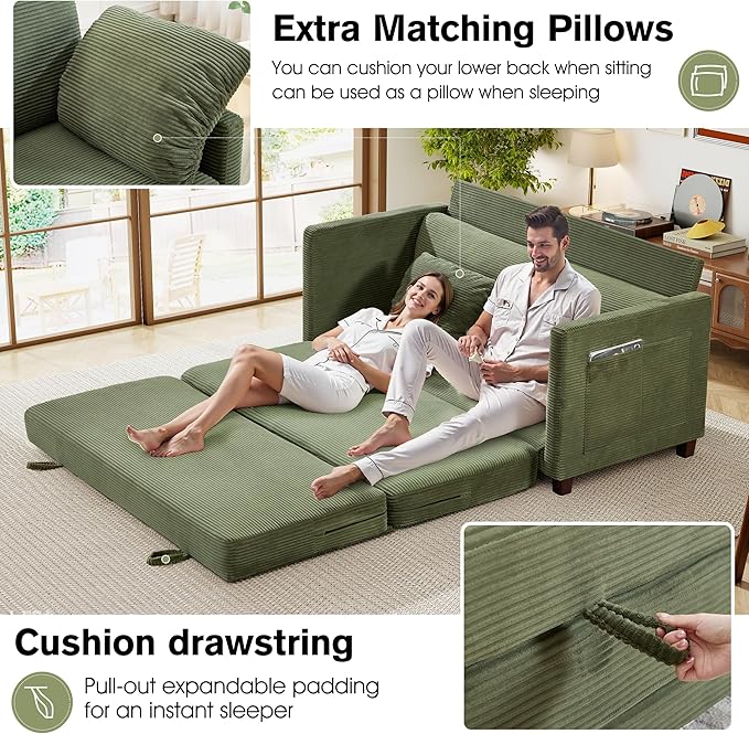 65" Loveseat Sleeper Sofa Bed, Corduroy Convertible Sofa Bed for Small Spaces, Folding Couch Bed with Deep Seat, 2 Pillows & Solid Frame, Pull Out Floor Couches for Living Room, Green