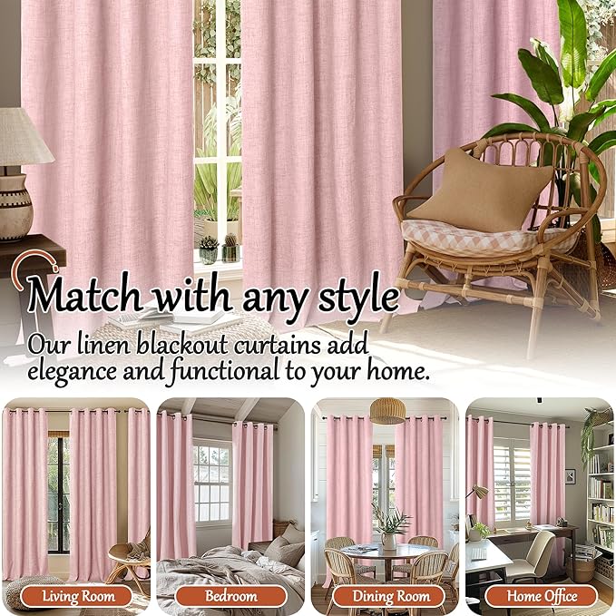 Baby Pink Linen Blackout Curtains for Nursery 80 Inch Length 2 Panels Set, Thermal Insulated Boho Total Black Out Noise Reducing Bonzer Grommets Window Curtains for Girls Bedroom, Each 38 Inch Wide