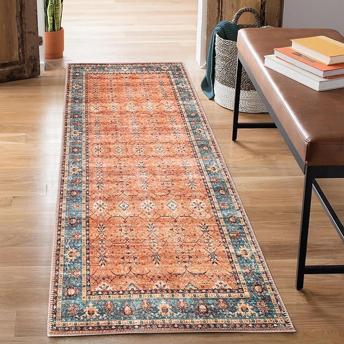Bloom Rugs Washable Non-Slip 12 ft Runner - Orange/Teal Blue Traditional Bordered Runner for Entryway, Hallway, Bathroom, and Kitchen - Exact Size: 2.5' x 12'