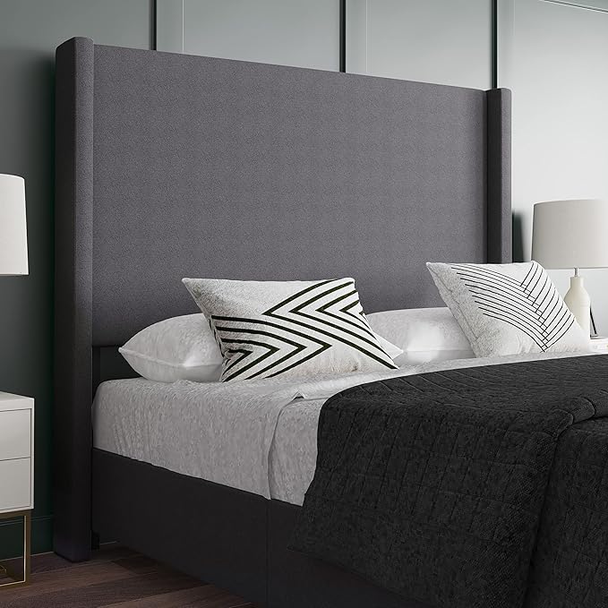 EMMA + OLIVER Nora Queen Size Faux Linen Upholstered Platform Bed with Plush Padded Wingback Headboard (No Box Spring Needed), Modern Upholstered Headboard Queen Bed Frame, Gray