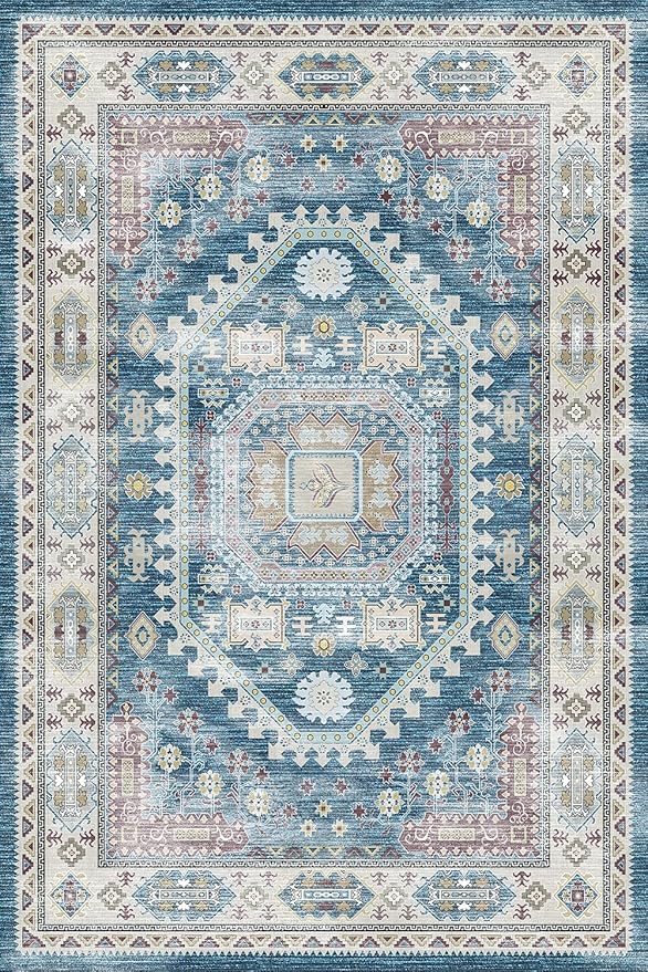 vivorug 3x5 Rug, Small Area Rug for Living Room, Bedroom, Kitchen, Machine Washable Non-Slip Throw Rug, Vintage Distressed Medallion Carpet for Entryway Nursery Dinner Room - Durable (Blue)