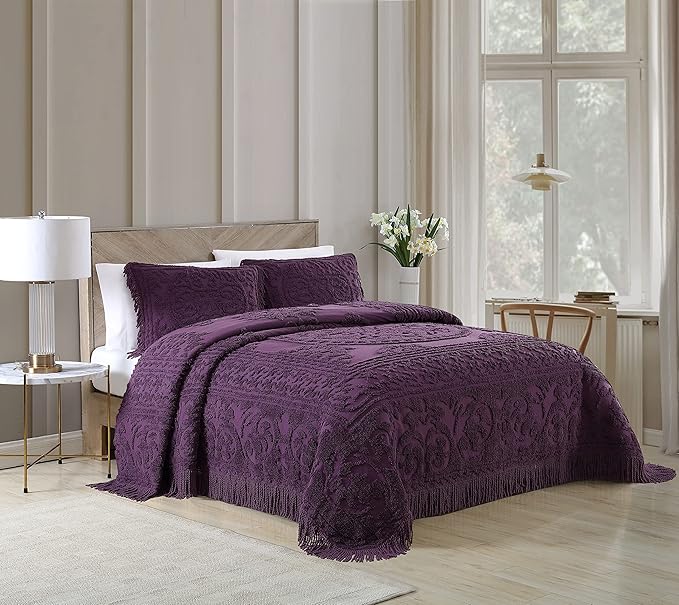 Beatrice Home Fashions Medallion Chenille Bedspread, Standard Sham, Eggplant