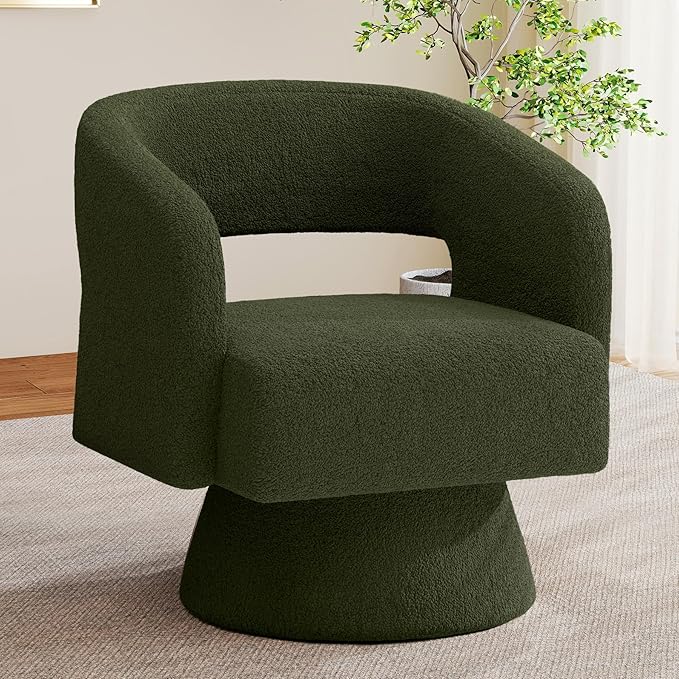 Swivel Accent Chair, Modern Comfy Teddy Barrel Chairs, Oversized Upholstered Round Arm Chair for Living Room, Bedroom, Reading Room, Green, 1 PCS