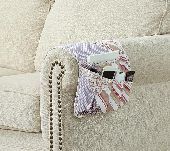 Brilliant Sunshine Pink Rosette and Stripes Patchwork Couch Armrest 5 Pockets Organizer, Slip Resistant Armchair Caddy, Washable Remote Controls Holder, Storage for Magazine, Tablet, Phone, iPad, Rose