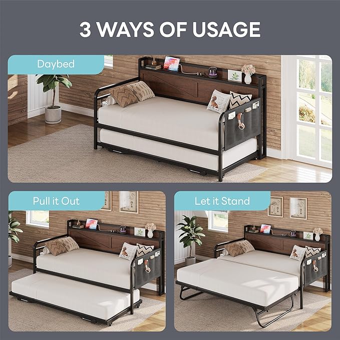 LIKIMIO Twin Daybed with Trundle Bed, Storage Headboard with Charging Station, Sofa Day Bed with Strong Supports for Living Room, Bedroom, and Guest Room, Dark Brown