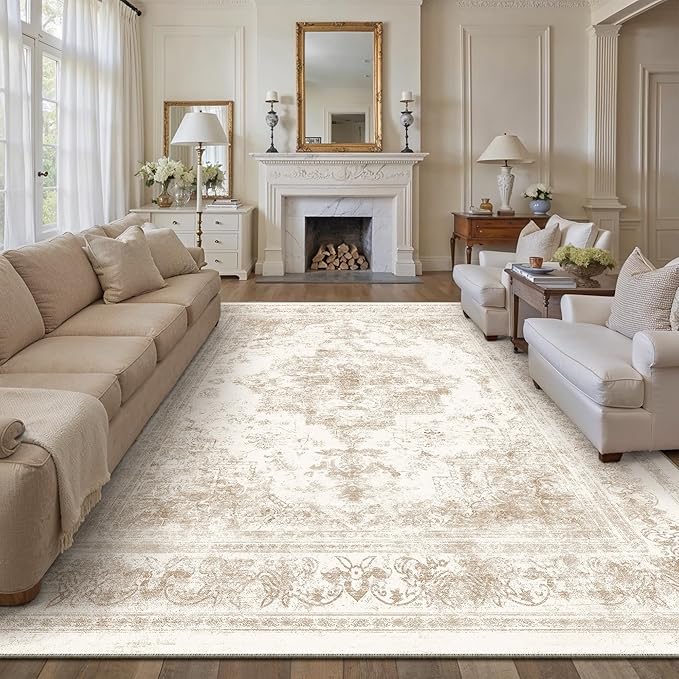 Area Rug 10x12 Cream Washable Living Room Beige Carpet Non Slip Vintage Medallion Indoor Bedroom Beige Carpet Low Pile Soft Retro Distressed Large Rug Home Office Dining Room Playroom