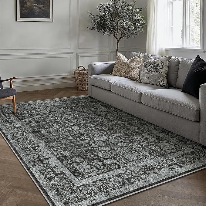 Dark Black Area Rug 5x7 Machine Washable Vintage Living Room Distressed Non Slip Carpet Traditional Indoor Bedroom Retro Floral Accent Throw Large Rug Office Kitchen Bathroom Dining Room
