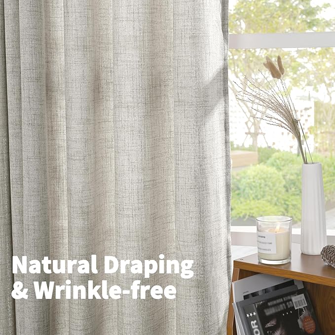 YoungsTex Linen Curtains 90 Inches Length for Living Room, Dark Grey Light Filtering Semi Sheer Drapes with Bronze Grommet for Bedroom Dining Room Office, 2 Panels, 52 X 90 Inch