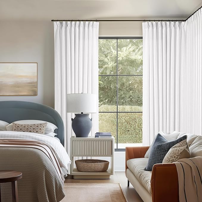 Pinch Pleated Extra Wide Linen Curtains 84 Inches Long for Patio Sliding Glass Door White 60 Inch Wide Pleated Drapes with Hooks Rings Neutral Semi Sheer 60x84 Curtain for Living Room 1 Panel