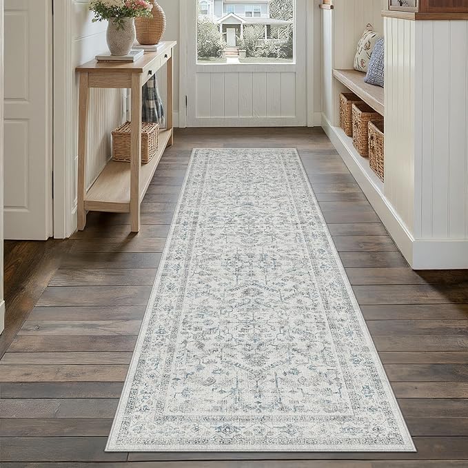 Blue 2x8 Runner Rug Vintage Area Carpet Hallway Indoor Kitchen Washable Low Pile Traditional Distressed Retro Accent Throw Rug Non Slip for Laundry Bathroom Office