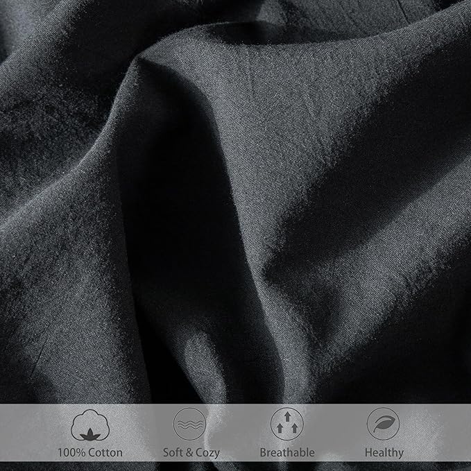 MooMee Fitted Bottom Sheet Only 100% Washed Cotton Linen Like Textured Breathable Durable Soft Comfy Deep Pocket Fits Mattress up to 17" (Black, Twin)