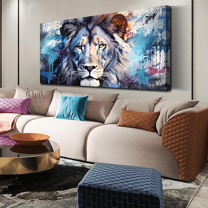 ENTANUB Large Wall Art for Living Room, Lion Canvas Print Painting for Bedroom, Blue Animal Picture Decor, Size 60x30 Inches