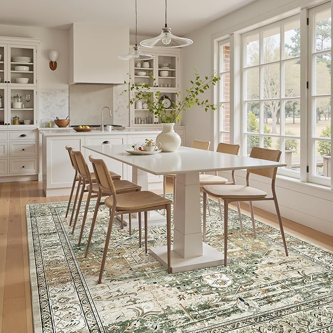 5x7 Area Rugs Low Pile Indoor Washable Trendy Faded Style Rugs for Bedroom Living Room Dining Room Foldable Non-Slip Thin Print Mat Green Olive Beige