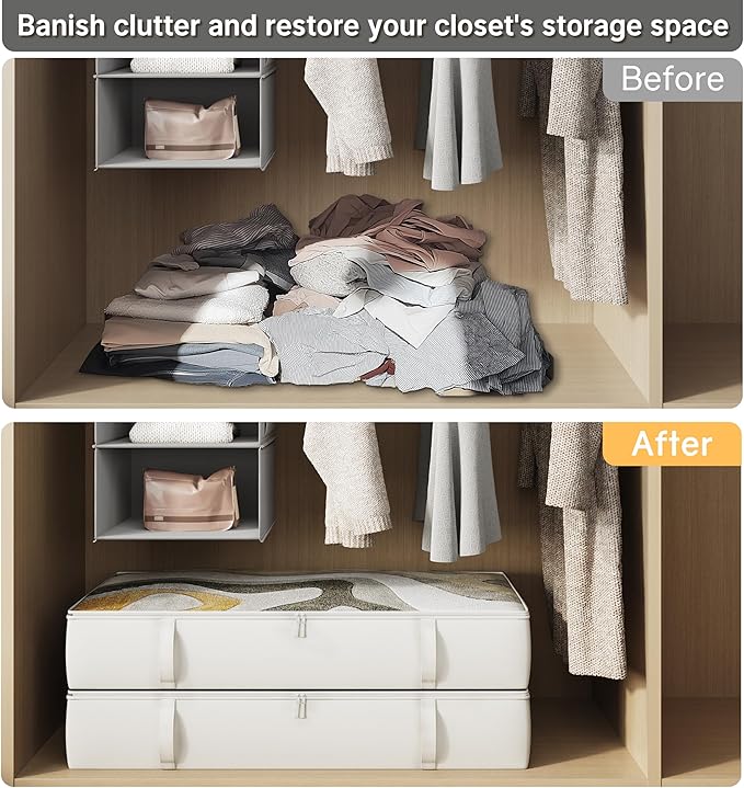 2-Pack Under Bed Storage Containers, 8 Inches Tall Underbed Clothes Storage Organizer Bin with Sturdy Sidewalls/Bottom, Under the Bed Storage Bags 2 Storage Bins, Beige