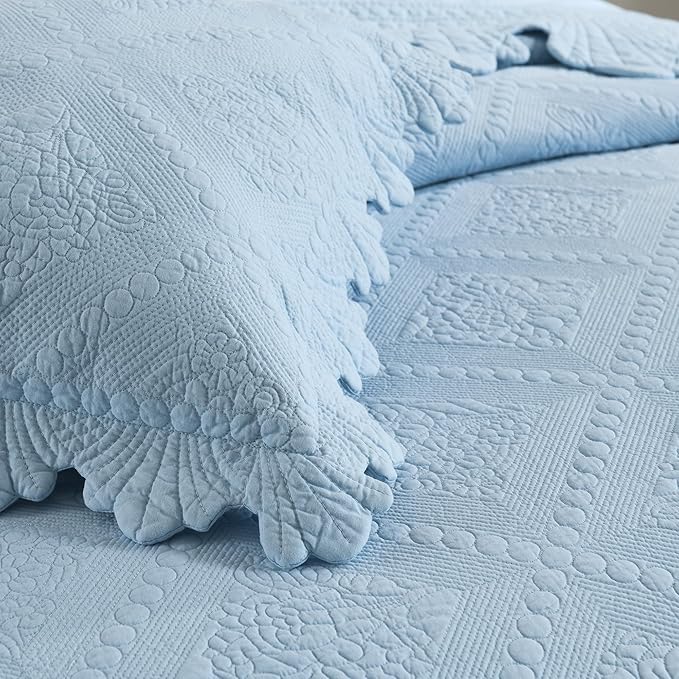 MarCielo 3-Piece 100% Cotton Oversized Bedspread Lightweight Quilt Coverlet Embroidery Farmhouse Bedding Set (TK Light Blue, Oversized Queen (100"x106"))