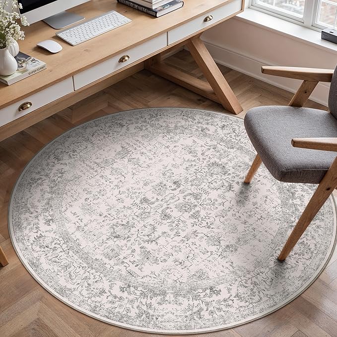 Grey Round Area Rug 3ft Entryway Door Mat Small Circle 3x3 Kitchen Vintage Carpet Non Slip Indoor Bedroom Washable Distressed Floral Retro Accent Throw Rug Office Bathroom
