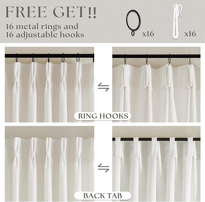 Natural Pinch Pleated Linen Curtains 2 Panels 63 Inch Length for Dining Living Room Memory Training Shaped Cream Birch Semi Sheer Short Pleat Drapes with Hooks Rings Bedroom Window Curtain 40x63
