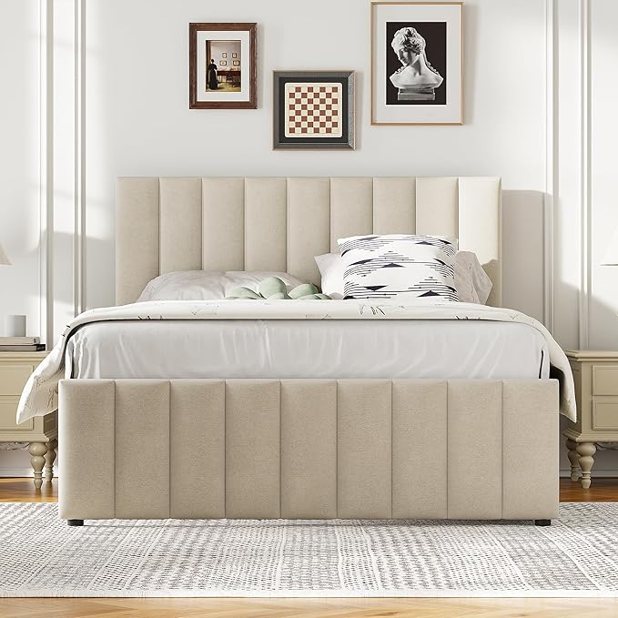 Bellemave Full Size Bed Frame with Twin Trundle Bed and Storage Drawers,Linen Upholstered Bed Frame,Full Size Trundle Bed with Adjustable Headboard for Kids Teens Adults,Beige
