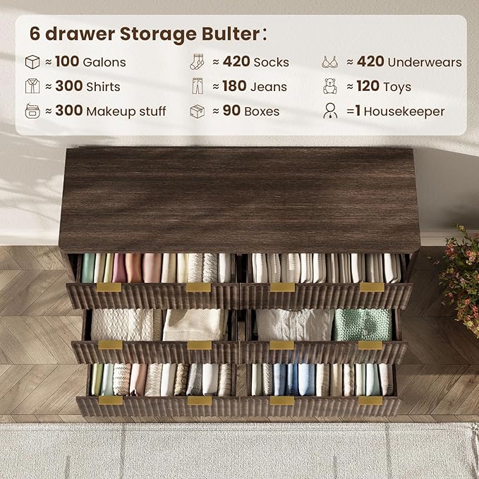 47'' Wide 6 Drawers Dresser for Bedroom,Modern Fluted Vertical Chest with Rounded Corners,Fluted Dresser for Living Room,Hallway, Walnut