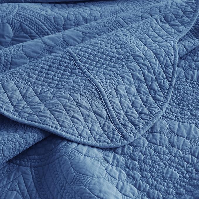 MarCielo 3-Piece 100% Cotton Oversized Bedspread Lightweight Quilt Coverlet Embroidery Farmhouse Bedding Set (Tf Midtone Blue, Oversized Queen (100"x106"))