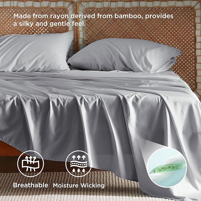 Bedsure California King Sheet Sets, Cooling Sheets, Rayon Derived from Bamboo, Breathable & Soft, Deep Pocket Up to 16 Inches, Hotel Luxury Silky Bedding for Hot Sleepers, Silver Grey