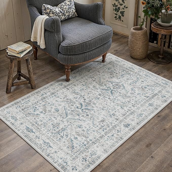 Blue 3x5 Entryway Rug Vintage Area Carpet Indoor Office Washable Door Mat Entrance Small Low Pile Traditional Distressed Retro Accent Throw Rug Non Slip Kitchen Bathroom