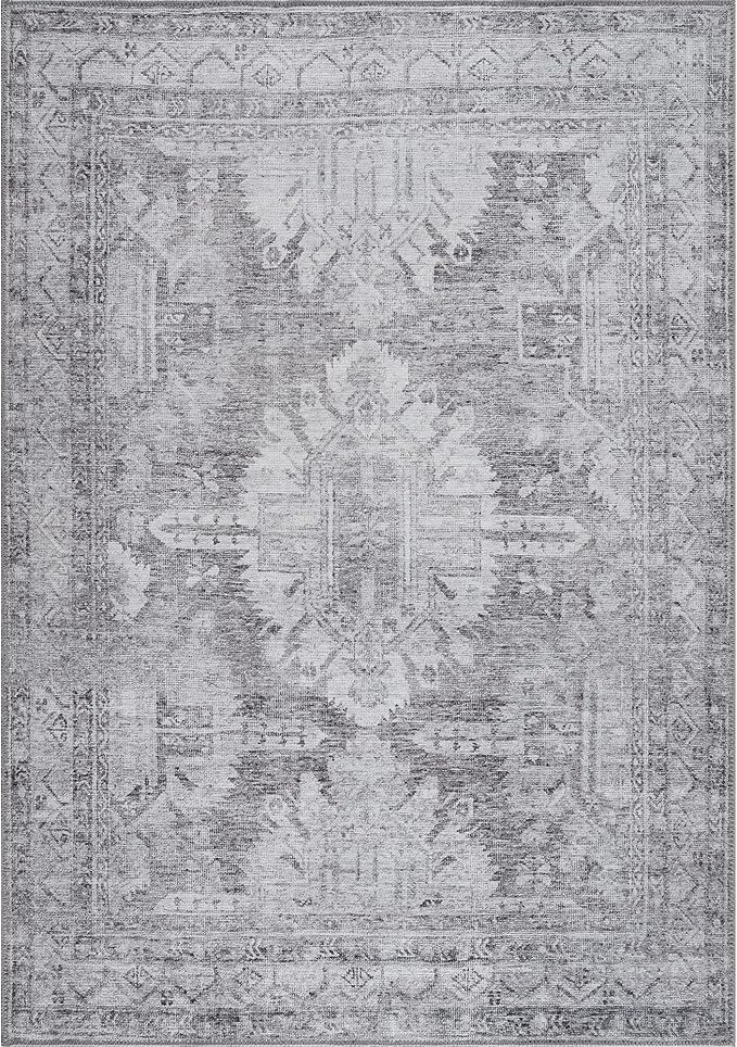 Bloom Rugs Washable 6' x 9' Rug - Ivory/Silver Gray Traditional Area Rug for Living Room, Bedroom, Dining Room, and Kitchen - Exact Size: 6' x 9'