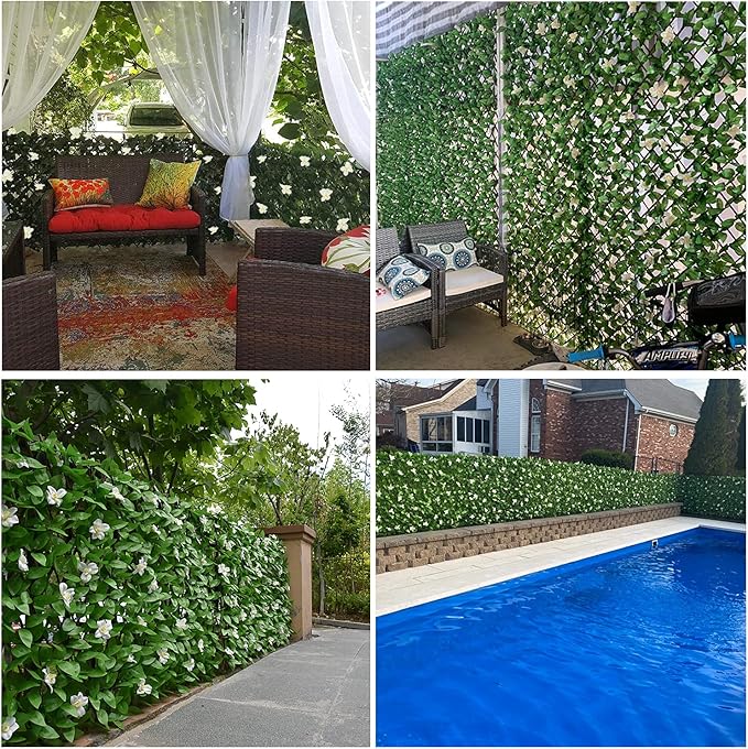 Expandable Fence Privacy Screen for Balcony Patio Outdoor,Decorative Faux Ivy Fencing Panel,Artificial Hedges (Single Sided Leaves) (1, White Flowers)