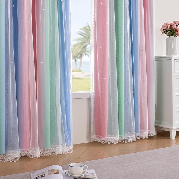 XiDi Pink & Rainbow Curtains for Kids & Girl Bedrooms - Blackout, Unicorn Wall Decals, 52x72 Inch