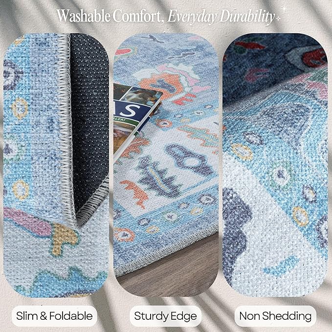 Fame Rugs Blue Modern Oushak Rug 9x12, Vintage Turkish Colorful Oriental Washable Antique Inspired Oversize Area Rugs, Luxury Living Room Bedroom (381LB, 9' x 12)
