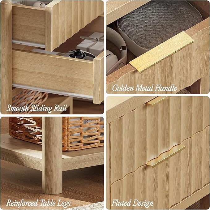 Huuger 27.6 Inch Tall Night Stands with Charger Station, USB-C Port, Fluted Nightstand Set of 2, Larger Wider Bed Side Table with 2 Deep Drawers, Open Shelf, Bedroom Living Room End Table, Natural