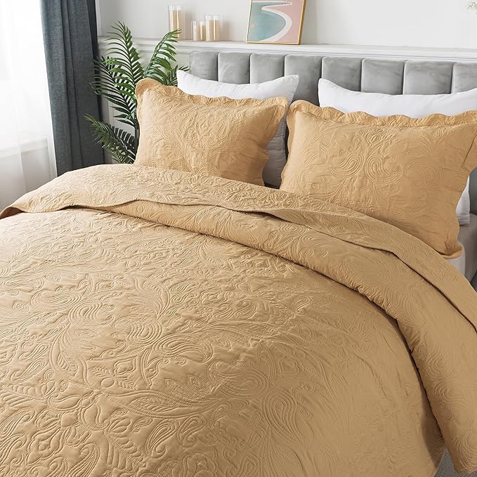 HoneiLife Embroidered Quilt King Size - 3 Pieces Microfiber Quilt Sets Lightweight Bedspreads Reversible Coverlets Retro Bed Cover Paisley Pattern Bedding Set All Season Quilts-Yellow