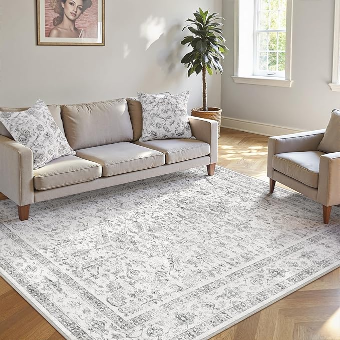 Grey 6x9 Area Rug Vintage Washable Living Room Carpet Non Slip Bedroom Indoor Office Low Pile Large Traditional Distressed Retro Accent Rug for Dining Room Bathroom Kitchen
