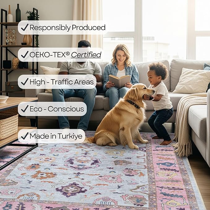 Fame Rugs Pink Beige Modern Oushak Rug 5x7, Washable Vintage Turkish Colorful Oriental Antique Inspired Area Rugs, Luxury Living Room Bedroom (390PP, 6' x 9')