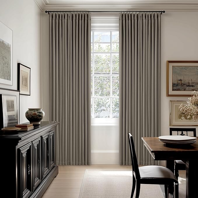 Taupe Grey 120 Inch Blackout Pinch Pleated Curtains 2 Panel Set for Living Room Darkening Thick Linen Textured 100% Black Out Drapes 120 Inches Long Pinch Pleat Light Blocking Bedroom Grayish Brown