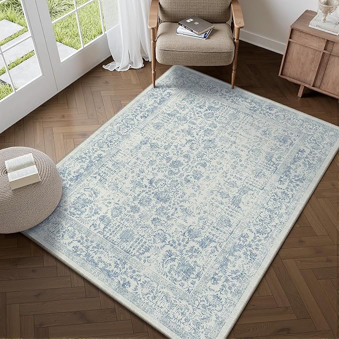 Blue Area Rug 4x6 Office Entryway Rug Machine Washable Kitchen Vintage Distressed Non Slip Carpet Indoor Retro Floral Accent Throw Door Mat for Bathroom Bedroom Dining Living Room
