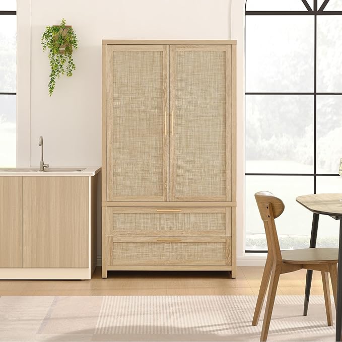 SICOTAS Armoire Wardrobe Closet, Larger Rattan Armoires Wardrobe Cabinet with 2 Large Drawers & Hanging Rod, Tall Closet Storage Cabinet for Cloak Room, Bedroom, Light Oak (3 PCS)
