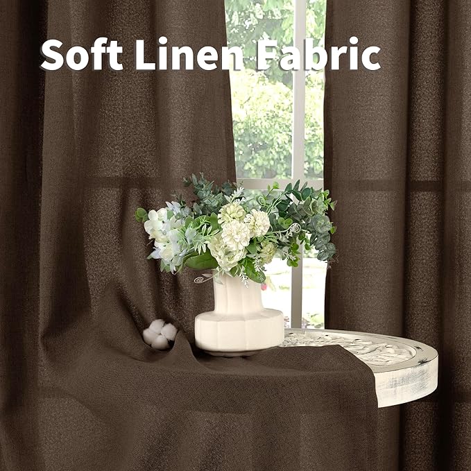 YoungsTex Brown Linen Curtains 80 Inch Length for Living Room, Chocolate Light Filtering Drapes Semi Sheer with Bronze Grommet Privacy for Bedroom Farmhouse Decorative, 52 x 80 Inch, 2 Panels