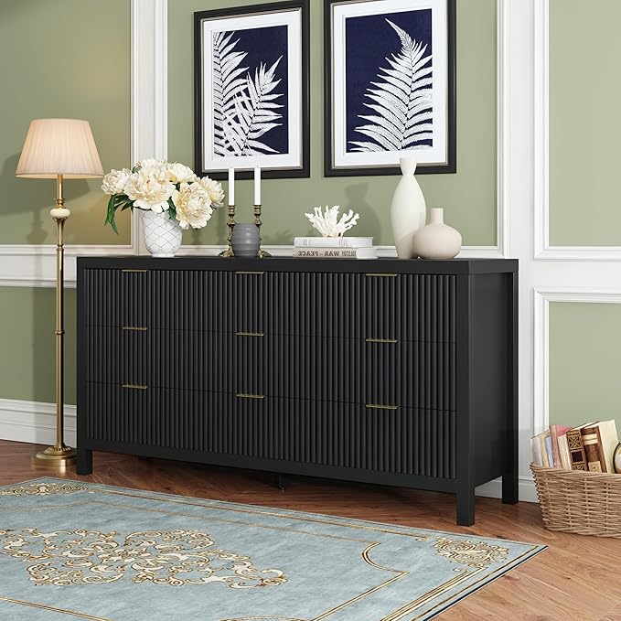 Modern Chest of Drawers with 9 Drawers, Modern Chest of Drawers for Closet, Large Storage Cabinet with Solid Natural Wood Legs for Living Room, Bedroom,Hallway, Black Oak