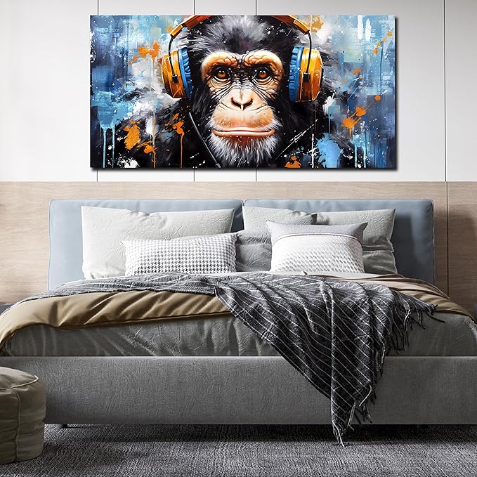 ENTANUB Monkey Wall Art for Living Room, Animal Canvas Print Painting for Bedroom, Blue Picture Decor, Size 59 x 29 Inches