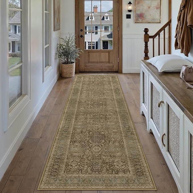 Brown 2x8 Runner Rug Washable Vintage Long Carpet for Hallway Kitchen Soft Retro Floral Low Pile Indoor Runner Non Slip Traditional Distressed Rug for Bathroom Bedroom Laundry Dining Room