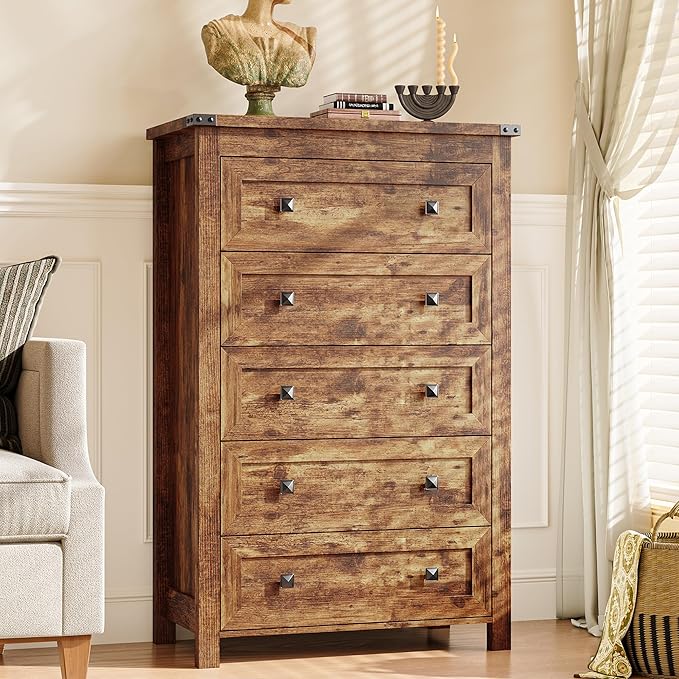 Dresser for Bedroom with 5 Drawers, Tall Wood Chest of Drawers, Modern Farmhouse Closet Clothes Organizer, Storage Tower Cabinet with Metal Handles for Hallway, Living Room, Entryway, Brown